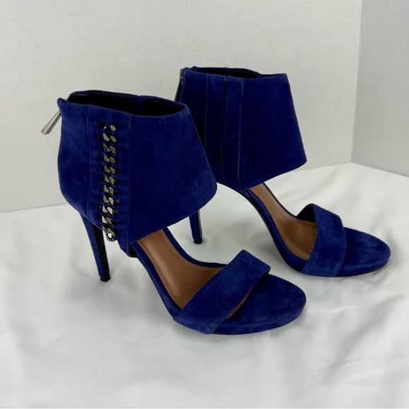 Vince Camuto Freya Open-Toe Heels Size 7 Blue Ankle Cuff Silver Chain Details - Picture 5 of 12